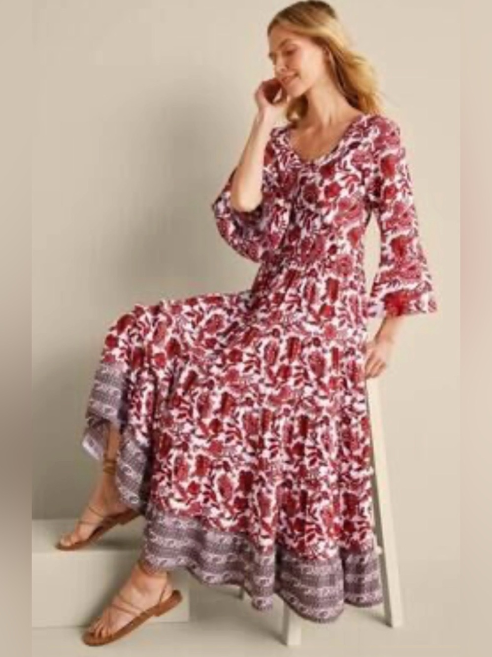 Soft Surroundings long sleeve midi dress floral boho bohemian paisley 1X